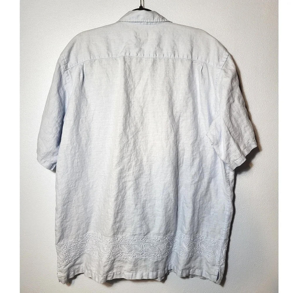Banana Republic Mens Linen XL Light Blue Short Sleeve‎ Embroidered Hem Shirt